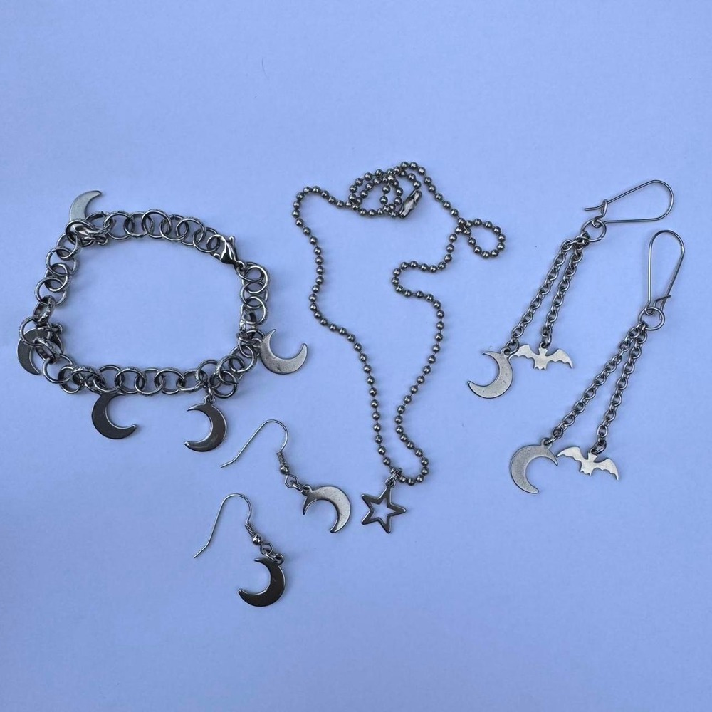 Celestial whimsy goth stainless steel jewelry set Star necklace, moon charm brac